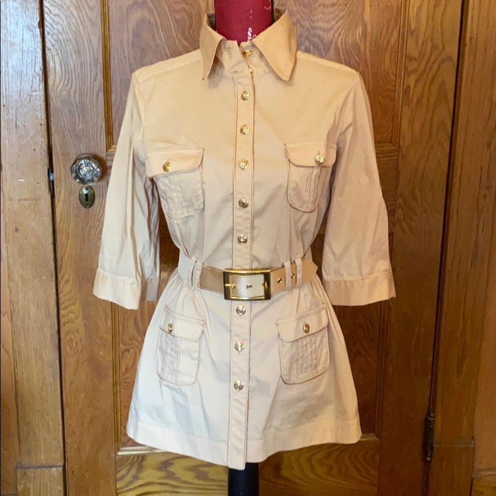 Bebe tunic blouse with gold buttons and belt